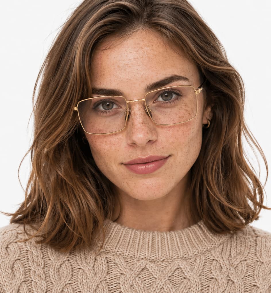 A woman wearing the rimless gold Eye Ware frames, the lenses clear against warm daylight